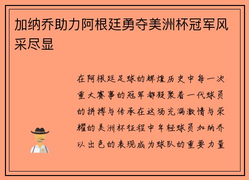 加纳乔助力阿根廷勇夺美洲杯冠军风采尽显