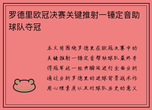 罗德里欧冠决赛关键推射一锤定音助球队夺冠