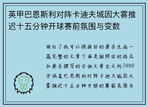 英甲巴恩斯利对阵卡迪夫城因大雾推迟十五分钟开球赛前氛围与变数